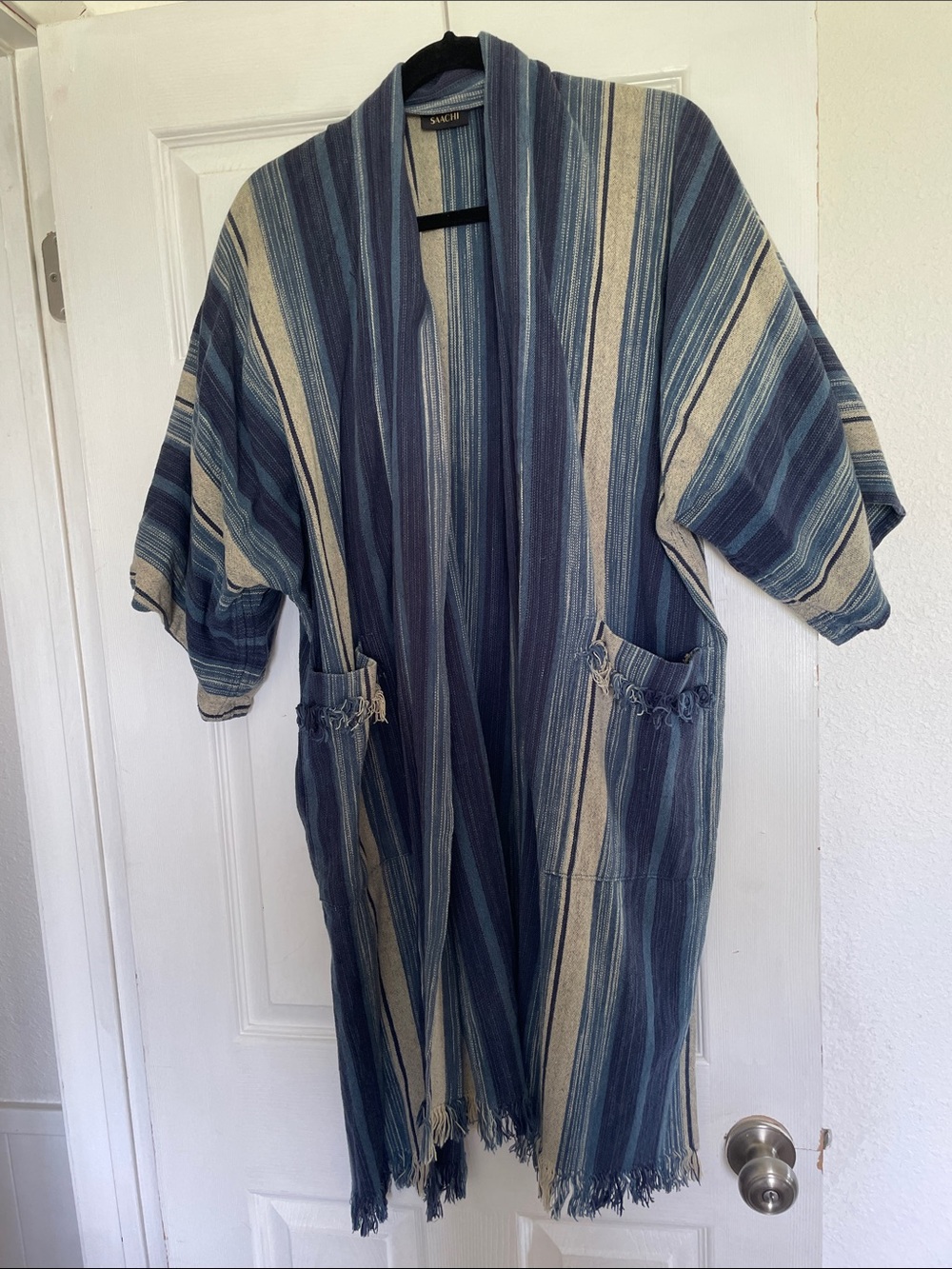 Sag Harbor Blue and Cream Striped Open Draped Kimono